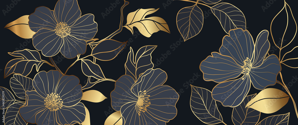 Luxury gold floral background vector. Golden gradient Roses and peonies flower line art wallpaper design for prints, cover, wall arts, greeting card, wedding cards, invitation. - obrazy, fototapety, plakaty 
