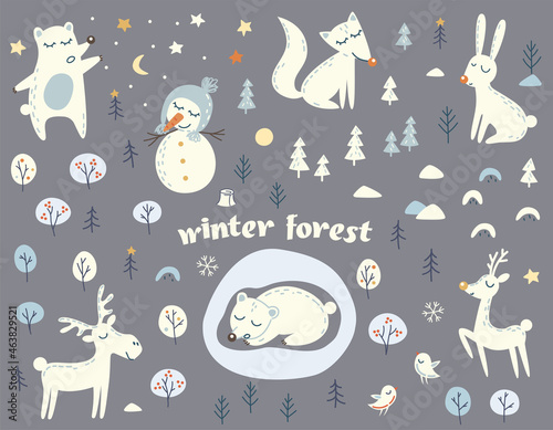 Set of cute forest animals in the winter forest. Winter forest, trees, snowdrifts, fox, elk, snowman, deer, bear, hare, bullfinches in cartoon style. Elements of the winter forest. Winter characters.