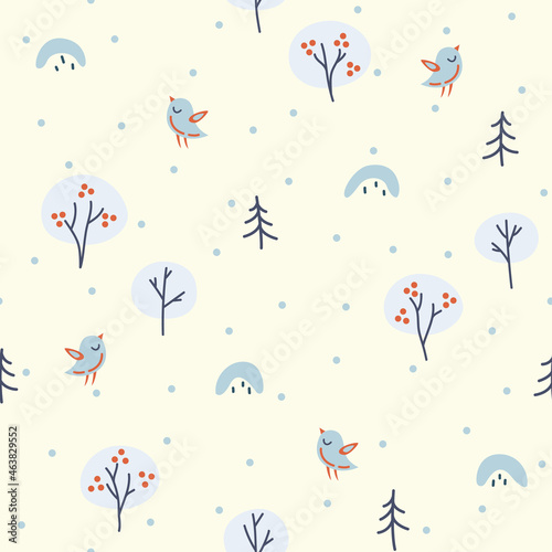 Winter landscape seamless pattern with bullfinches and mountain ash. Wrapping paper design for winter holidays.