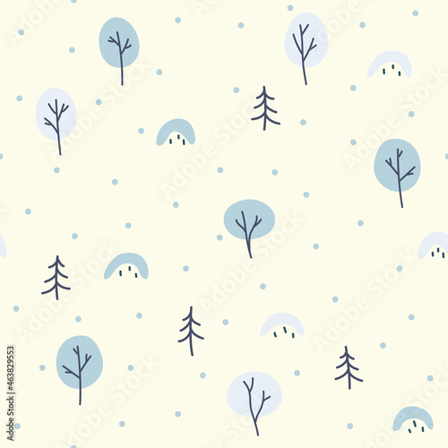 Winter forest seamless pattern on a light background. Wrapping paper design for winter holidays. Merry Christmas!