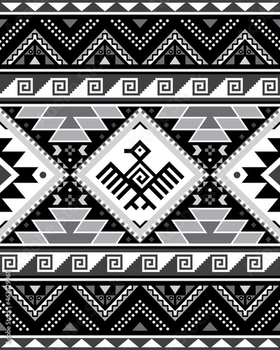 Wallpaper Mural Aztec Tribal geometric seamless vector pattern with bird and triangles - Peruvian rug or carpet style, 8x10 format, Southwestern decor in black, gray and white
 Torontodigital.ca