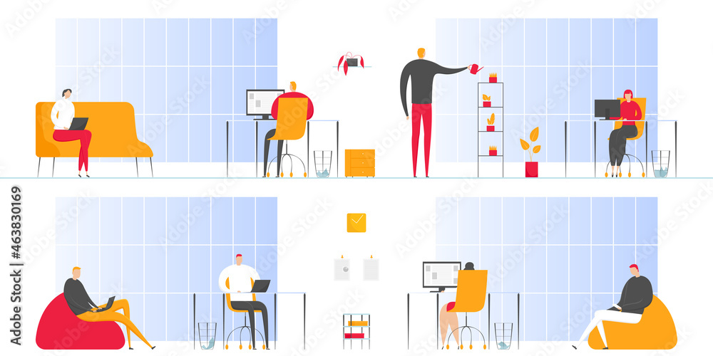 Office routine. Employees working on computer. Vector illustration ...