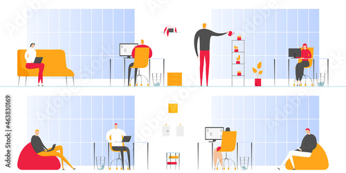 Office routine. Employees working on computer. Vector illustration.