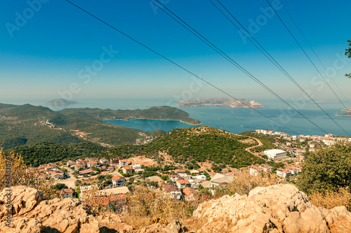 View from the mountains to the Turkish city of Kas and the nearby Greek islands of Meyisti (Kastelorizo). Turkey, Kas, Antalya. Vacation in Turkey
