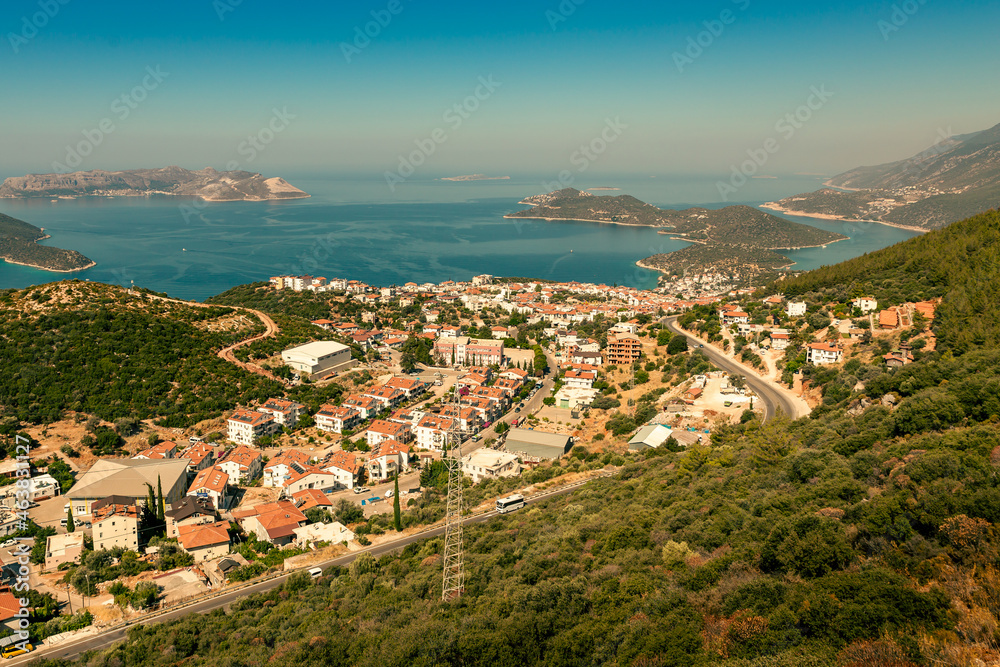 View from the mountains to the Turkish city of Kas and the nearby Greek islands of Meyisti (Kastelorizo). Turkey, Kas, Antalya. Vacation in Turkey