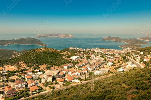 View from the mountains to the Turkish city of Kas and the nearby Greek islands of Meyisti (Kastelorizo). Turkey, Kas, Antalya. Vacation in Turkey