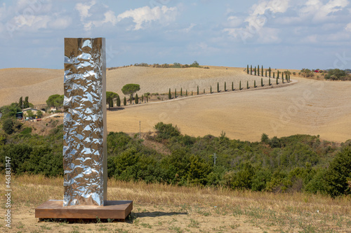 San Quirico d' Orcia (SI), Italy - August 05, 2021: Sculpture near The Cappella della Madonna di Vitaleta, Tuscany, Italy photo