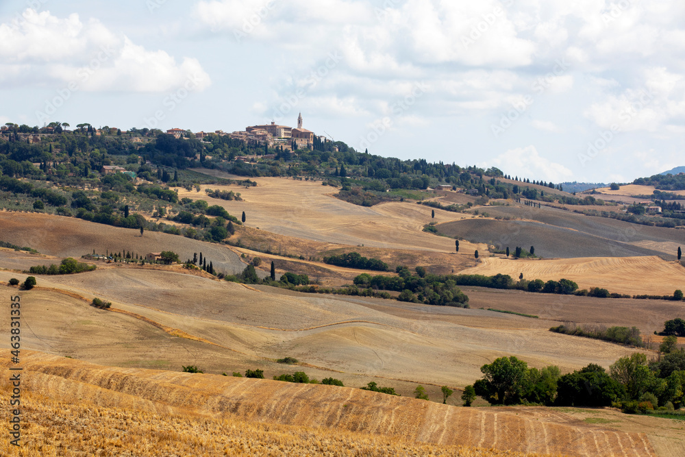 San Quirico d' Orcia (SI), Italy - August 05, 2021: Landscape near The Cappella della Madonna di Vitaleta, Tuscany, Italy