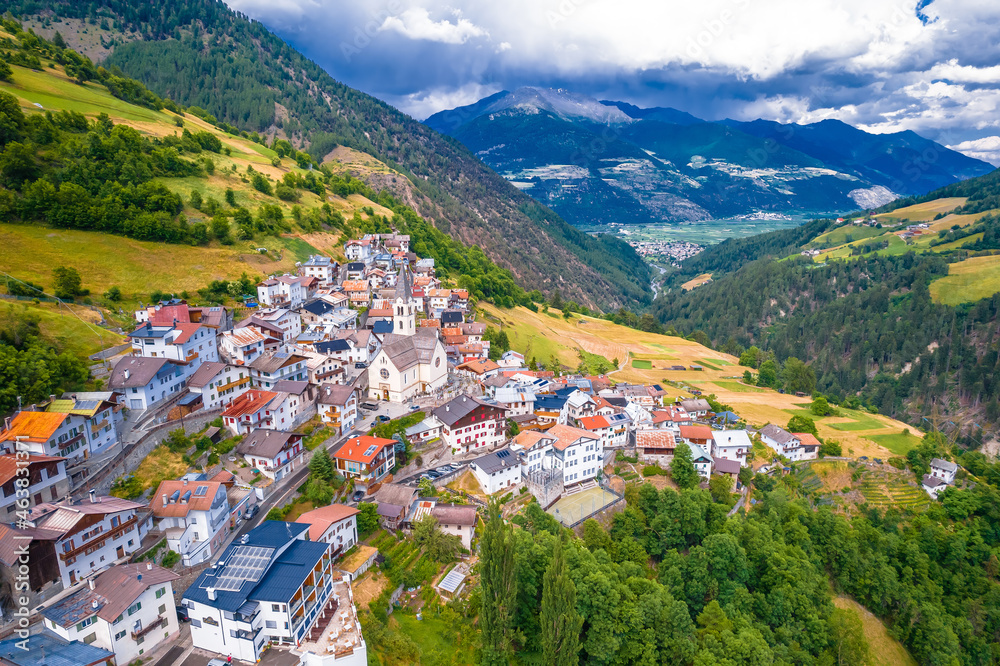 Stelvio village or Stilfs in Dolomites Alps landscape aerial view