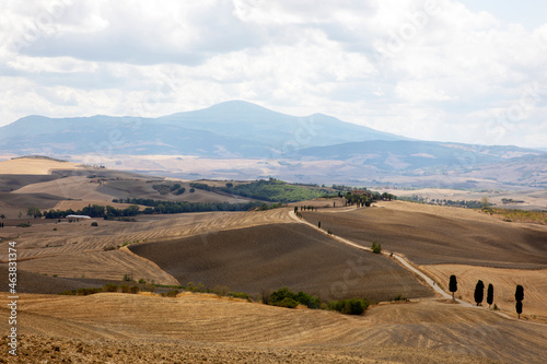 Val d' Orcia (SI), Italy - August 05, 2021: Val d' Orcia landscape, Tuscany, Italy