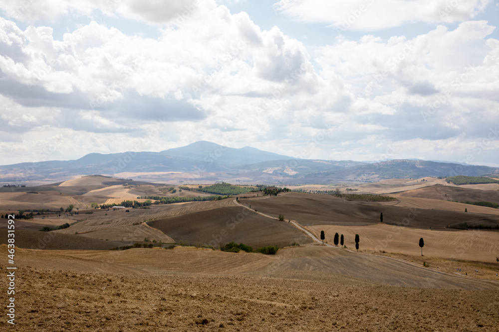 Val d' Orcia (SI), Italy - August 05, 2021: Val d' Orcia landscape, Tuscany, Italy Val d' Orcia (SI), Italy - August 05, 2021: Val d' Orcia landscape, Tuscany, Italy