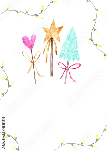 decor New Years, Christmas decorative trees and stars, hearts, cute children's illustration in watercolor