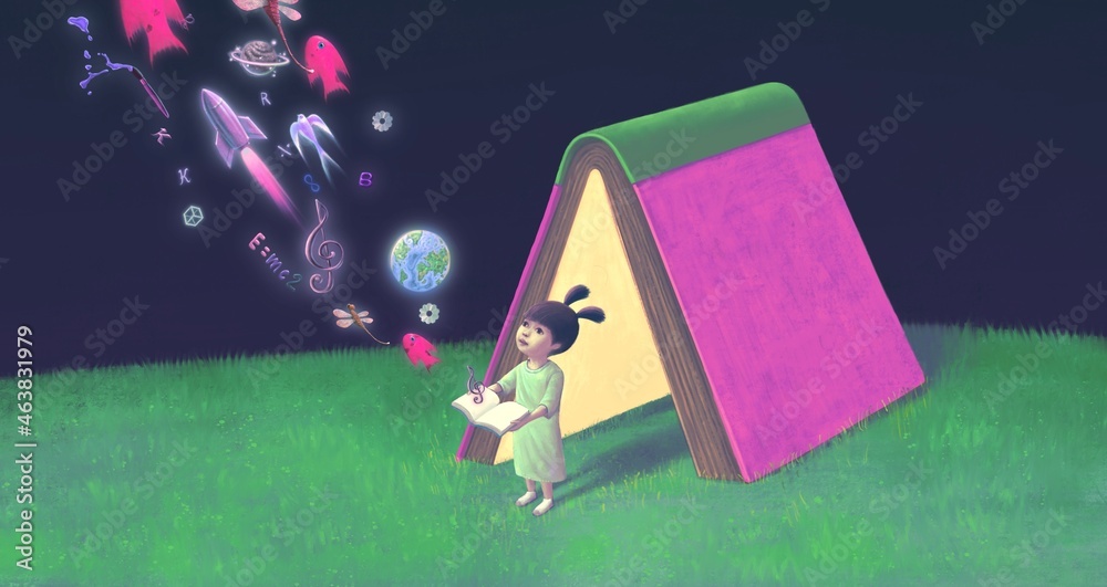 A girl with a book of imagination. Concept idea of education inspiration creative dream child. conceptual art. surreal painting. fantasy 3d illustration.
