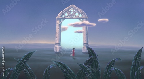 Concept idea of inspiration motivation creative freedom dream success . Concpetual art of way change. Surreal painting artwork. 3d illustration, Woman walking to a door of sky in mystery landscape. photo