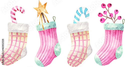 new year card with cute colored socks with branches, sweets and decor, watercolor illustration