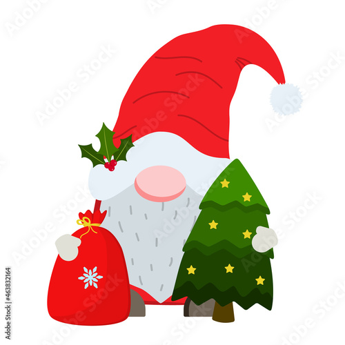 Cartoon Christmas gnome in red hat holding bag and tree clipart. Vector illustration. Isolated on white background. Christmas and Happy New Year illustration. Trendy design template.