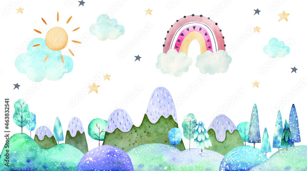 seamless pattern winter landscape, trees, mountains, clouds and stars watercolor childrens illustration on a white background, nursery room decor, print layeres 1 - obrazy, fototapety, plakaty 
