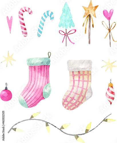 set of new year set with christmas clipart, childish watercolor illustration