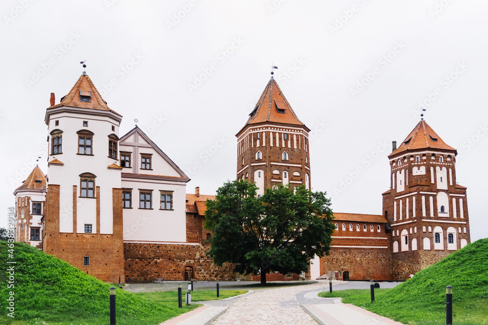 Ancient medieval Mir Castle Complex in the town of Mir. Historical heritage of Belarus. Famous landmark in summer
