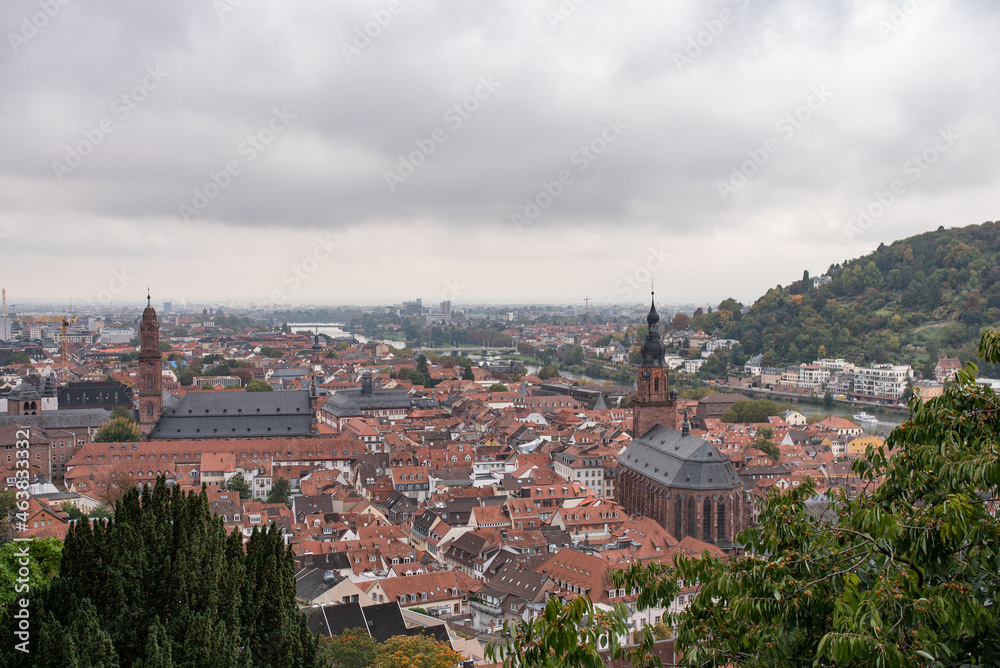 Heidelberg Stadtansicht, Blick von von oben auf die Altstadt und die protestantische Heiliggeistkirche.