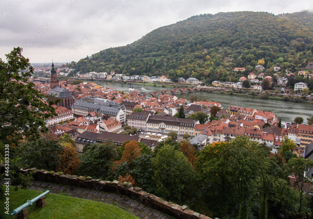 Stadtansicht Heidelberg Altstadt mit dem Fluss Neckar. Links im Bild die protestantische Heiliggeistkirche.