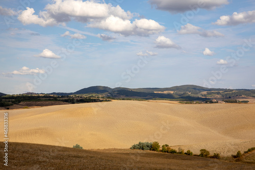Val d' Orcia (SI), Italy - August 05, 2021: Typical landscape in val d' Orcia, Tuscany, Italy