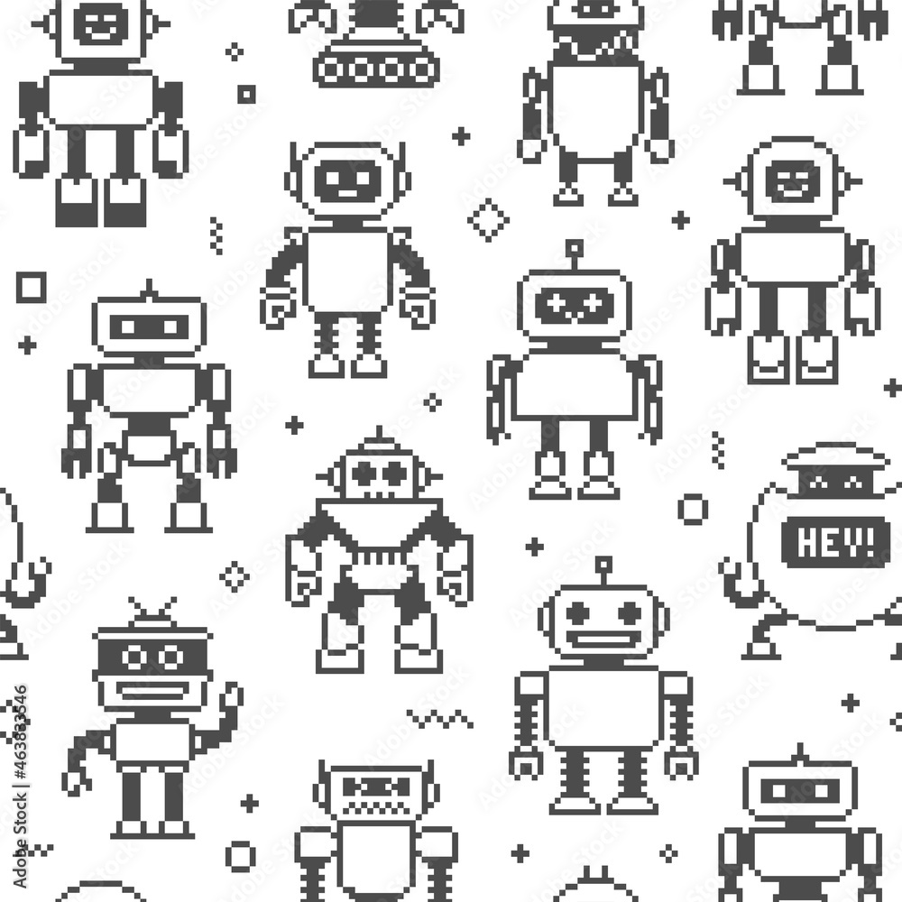Pixel art cartoon Robots icons isolated vector seamless pattern. Funny robots in 8-bit retro game style endless background. Cute pixel characters pattern design for wallpaper or wrapping paper