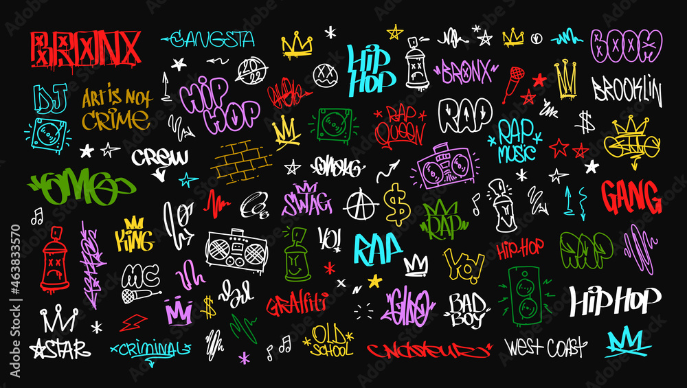 Colorful Hip-Hop graffiti doodle set and street art tags vector icons set. Rap and hip-hop grunge elements for pattern and tee print design. Isolated on white - obrazy, fototapety, plakaty 