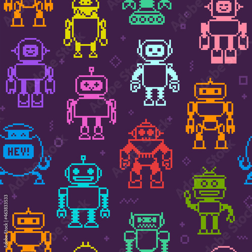 Pixel art cartoon colorful robots icons vector seamless pattern. Funny robots and aliens in 8-bit retro game style background. Pattern of cute pixel girls and boys robots and superhero characters