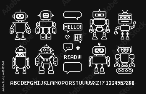 Pixel art cartoon robots icons isolated vector collection. Funny robots avatars in 8-bit retro game style. Cute pixel girl and boy robot mascot and invader characters design