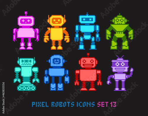 Pixel art cartoon colorful robots icons  vector collection. Funny robots and aliens in 8-bit retro game style. Cute pixel girl and boy robot mascot and invader characters design