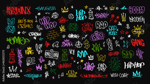 Colorful Hip-Hop graffiti doodle set and street art tags vector icons set. Rap and hip-hop grunge elements for pattern and tee print design. Isolated on white photo