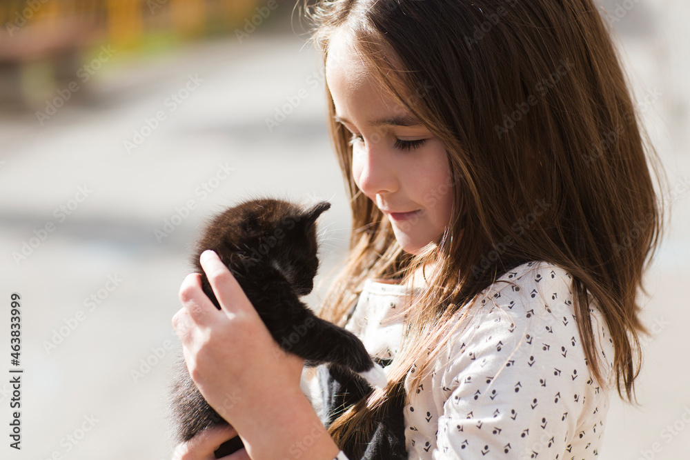 a child girl holds a small kitten in the street. animal from shelter a child girl holds a small kitten in the street. animal from shelter