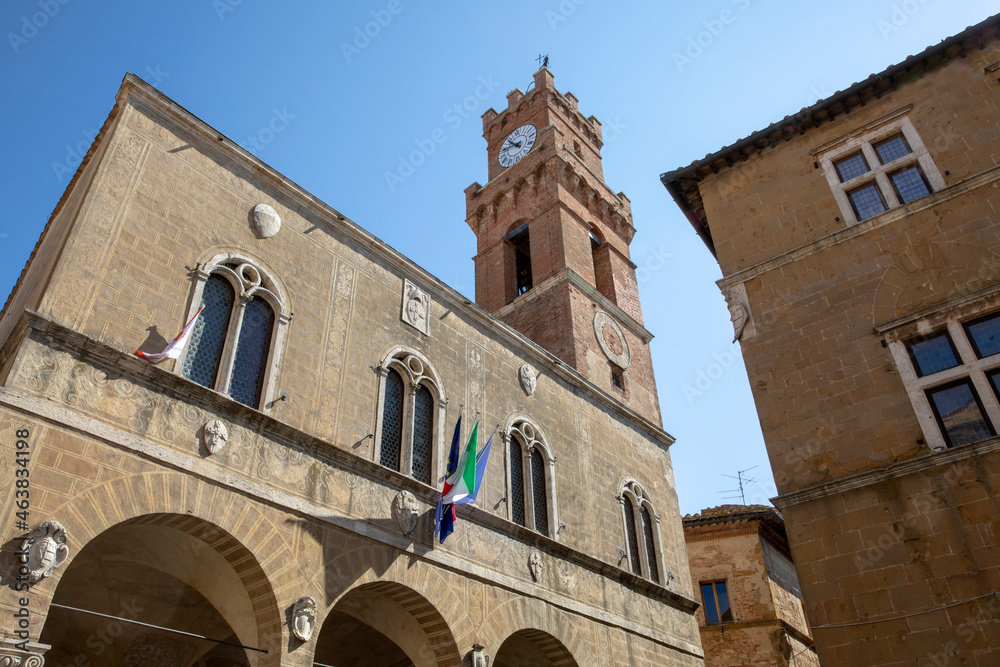 Pienza (SI), Italy - August 15, 2021: Palazzo comunale in Pienza village, Tuscany, Italy