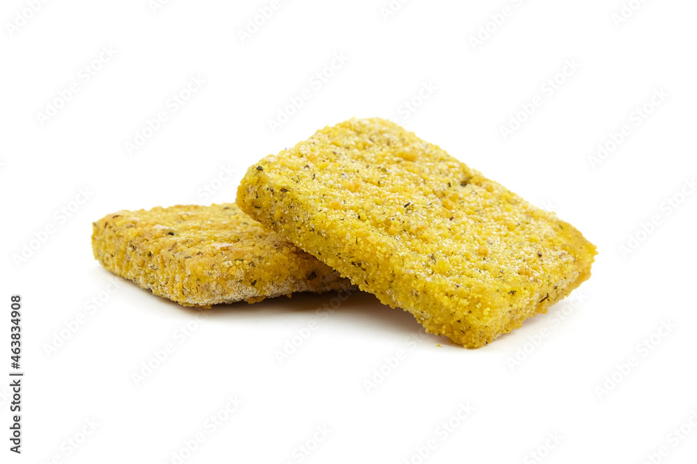 Frozen breaded fish fillets isolated on white Frozen breaded fish fillets isolated on white