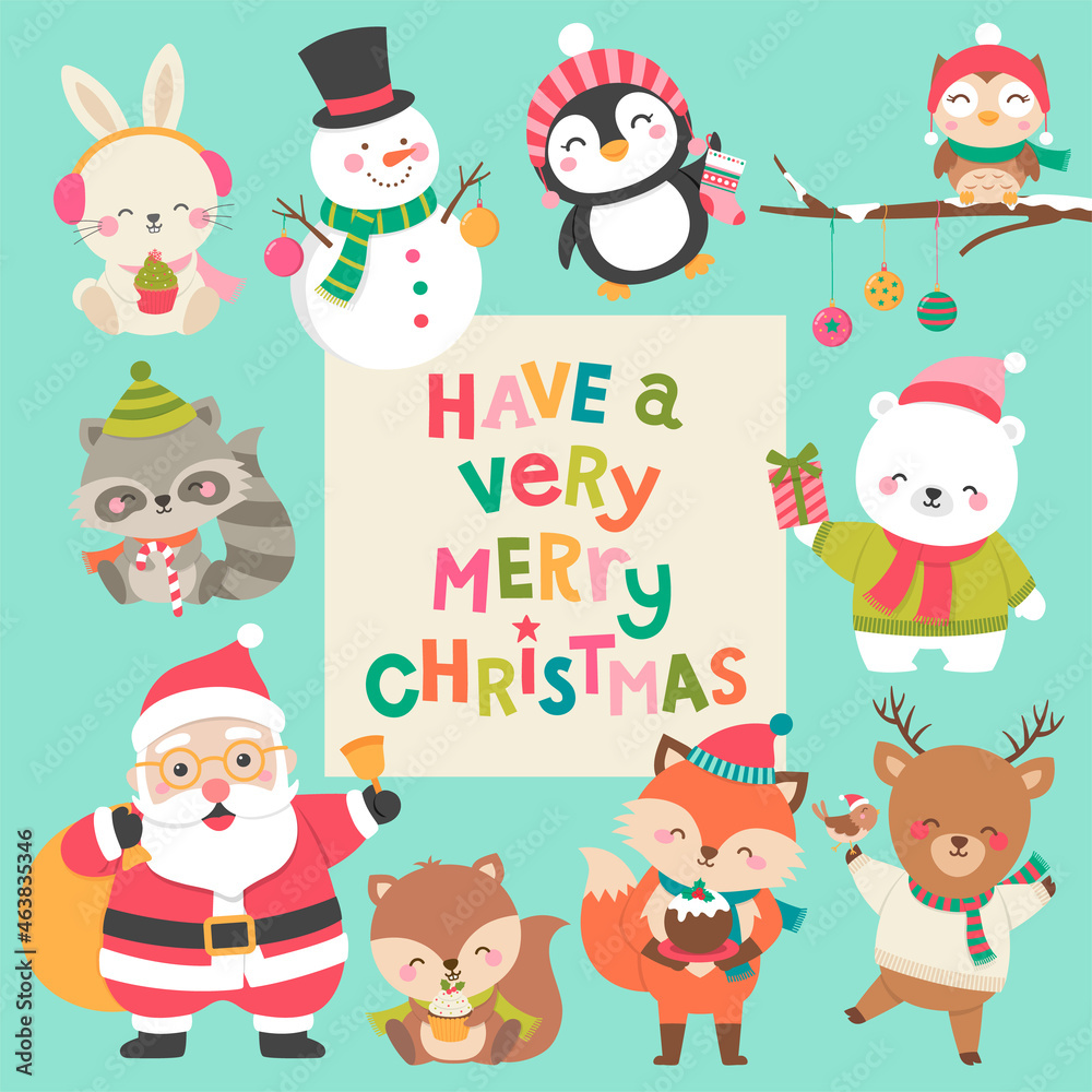 Set of cute cartoon character illustration for christmas and new year celebration. Set of cute cartoon character illustration for christmas and new year celebration.