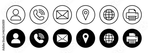 Set of Online Contact Icon. Web Line and Silhouette Icons. Website Black Buttons Symbol of Call, Message. Handset Phone, Email, Man, Pin, Globe, Fax Outline Pictogram. Isolated Vector Illustration