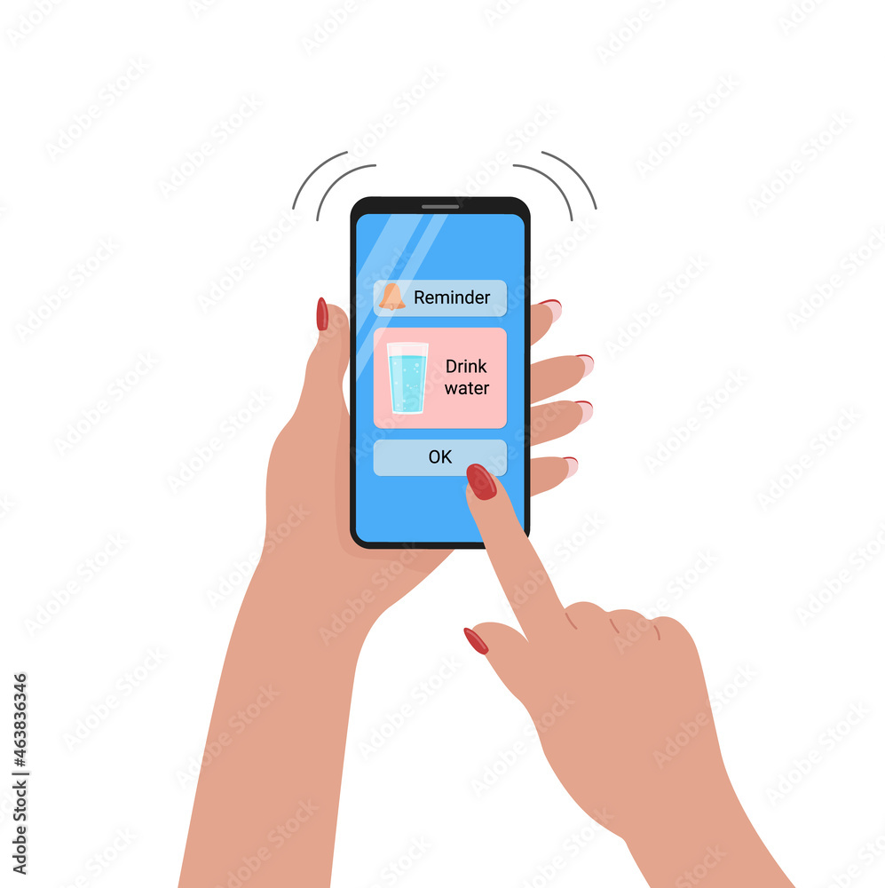 Time to drink glass of water. Mobile phone reminder. Water balance and healthy lifestyle concept. Ringing smartphone in hand of woman top view. Vector Time to drink glass of water. Mobile phone reminder. Water balance and healthy lifestyle concept. Ringing smartphone in hand of woman top view. Vector