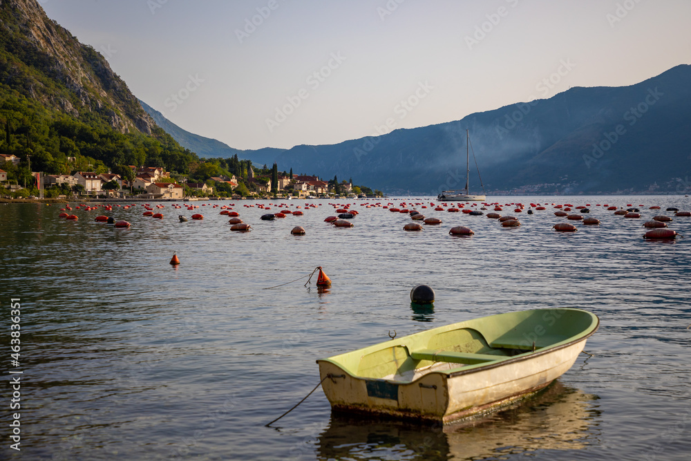 Fishing boat on an oyster farm in the Bay of Kotor, Montenegro
