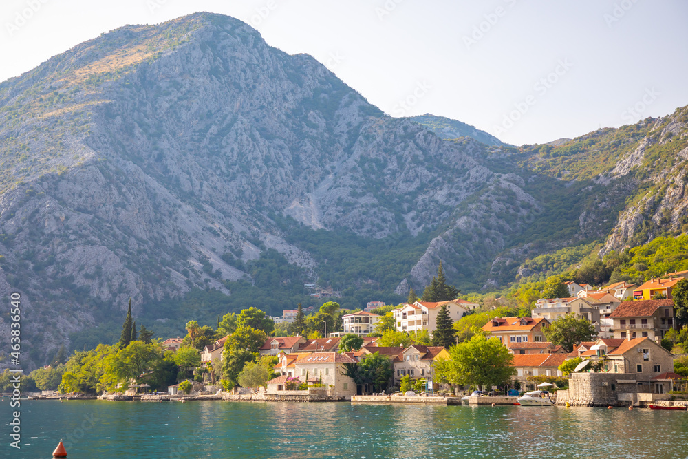 Fishing village on mountain background in Montenegro