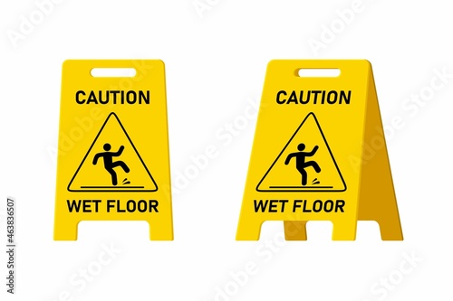 Wet floor caution sign isolated on white background, Public warning yellow symbol clipart. Slippery surface beware plastic board design element. Falling human pictogram. Vector illustartion