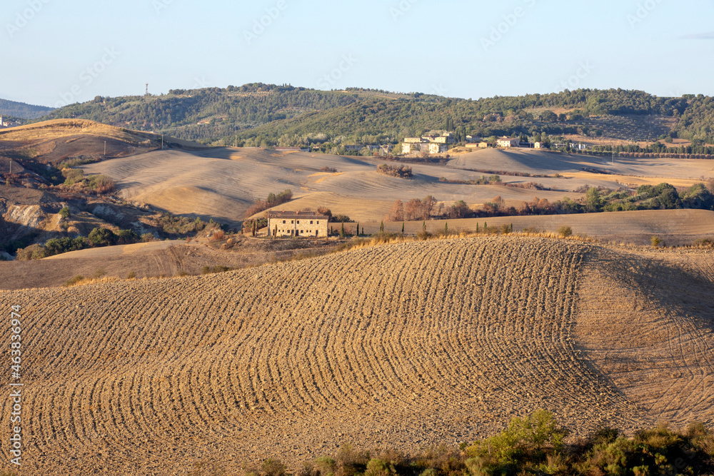 Val d' Orcia (SI), Italy - August 05, 2021: Typical landscape in val d' Orcia, Tuscany, Italy