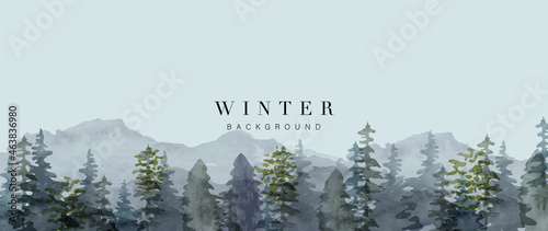 Winter background vector. Pine tree watercolor hand drawing. Abstract art design for greeting card, cover, wallpaper, wall arts, wedding and  invite card. 