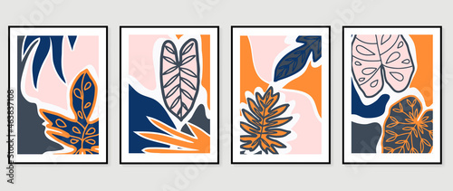 Abstract art leaf background vector. Organic abstract art style wallpaper with tropical leaves and abstract shape in warm colors design for poster, cover, wall art, packaging design.