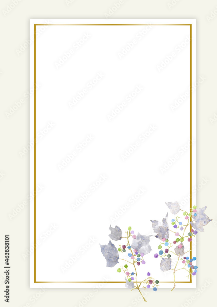 Obraz premium 水彩で描いたカラフルなブドウのような実がついたつたと金色のフレーム背景