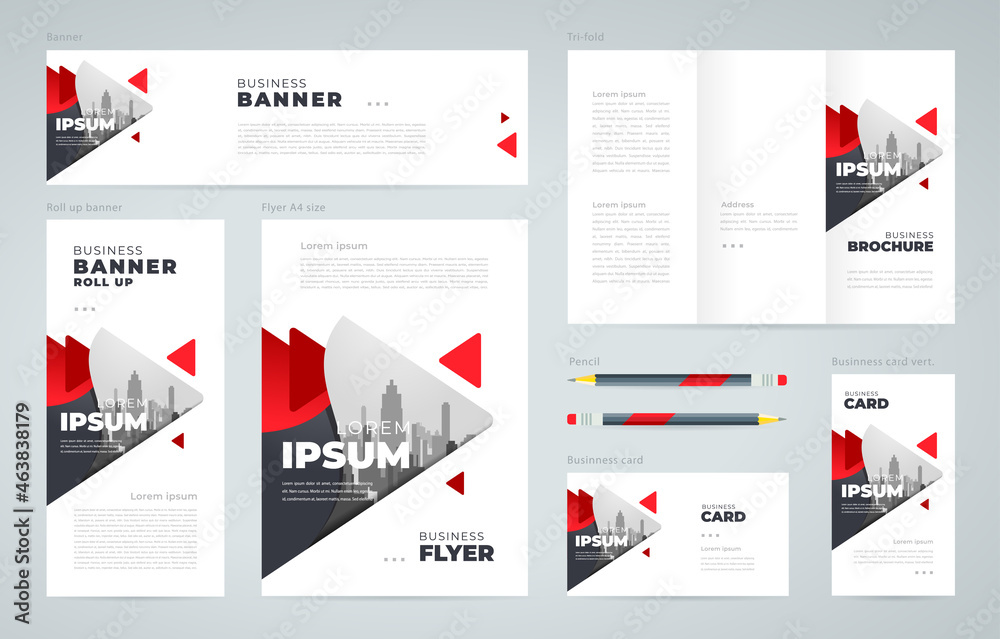 Abstract triangle theme Set flyer cover, tri-fold, banner, roll up banner, business card red color Abstract triangle theme Set flyer cover, tri-fold, banner, roll up banner, business card red color