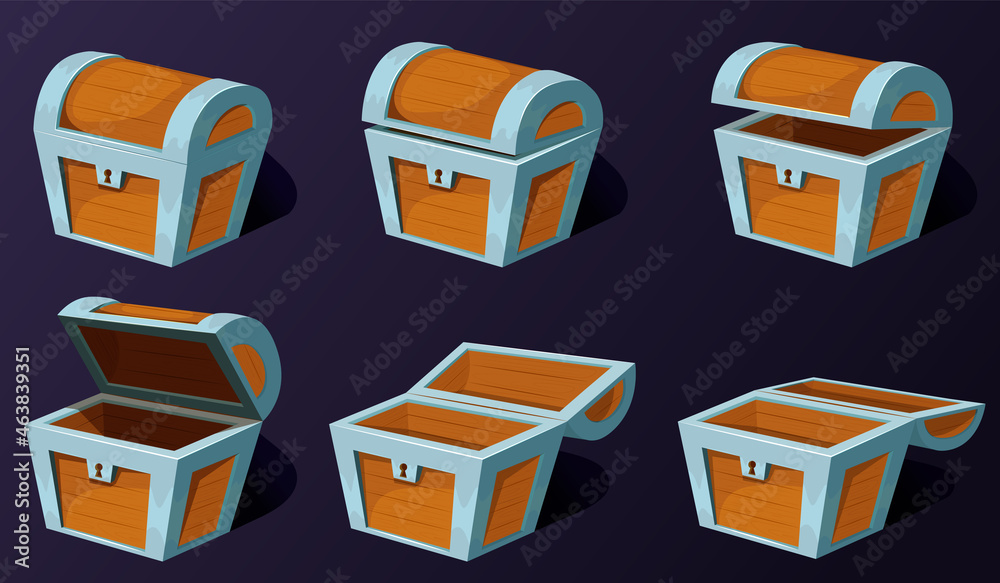 Treasure chest for animation. Cartoon empty treasure casket opening