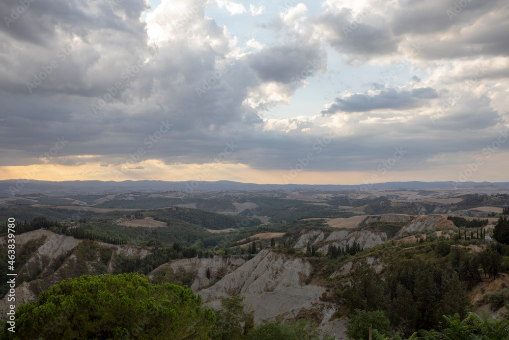 Chiusure, Asciano (SI), Italy - August 15, 2021: Landscape view from Chiusure village, Asciano, Tuscany, Italy Chiusure, Asciano (SI), Italy - August 15, 2021: Landscape view from Chiusure village, Asciano, Tuscany, Italy