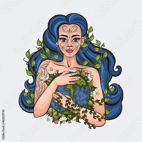 Mother earth as environmental ecological and green planet tiny person concept. Cute cartoon Vector Girl with wild natural forest and globe