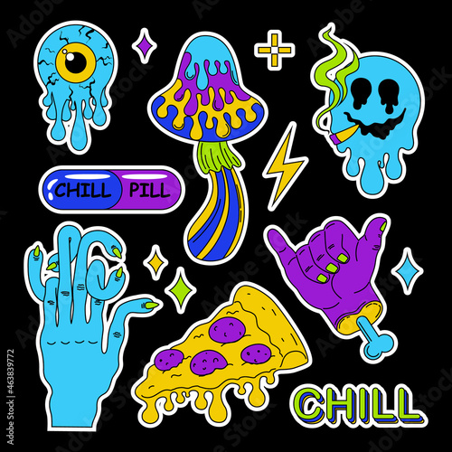 Neon cartoon psychedelic hippy stickers with mushrooms and eyes. Surreal heart, flower, skull emoji symbols vector illustration set.